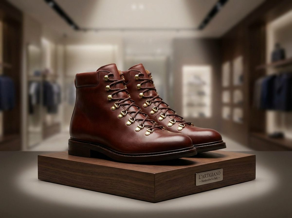 leather hole eyelets, The image shows brown leather boots with metal leather hole eyelets displayed on a wooden platform.